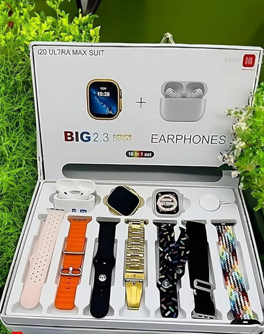 I20 Ultra Max Suit (10 in 1) Smart Watch + Earbuds Master Copy with 7 straps